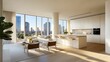 © PixelPlace - Modern, sunlit kitchen and living area with panoramic city views, featuring minimalist design and stylish furniture.
