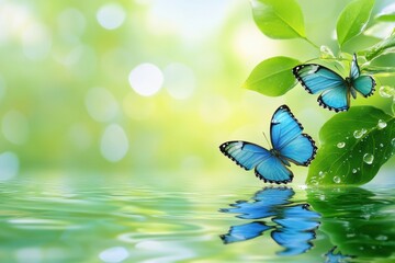 Aufkleber - Colorful blue butterflies perched on green leaves beside calm water in a tranquil nature setting. Generative AI