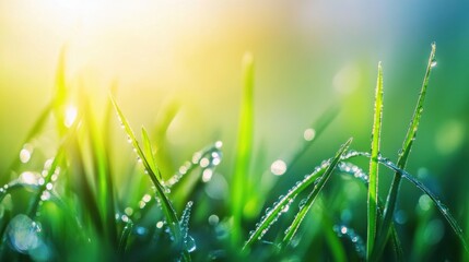 Aufkleber - Morning dew glistening on fresh green grass under soft sunlight in a peaceful meadow setting. Generative AI