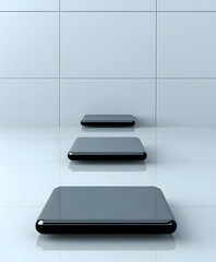 Fototapete - A minimalist scene featuring three dark, sleek platforms on a reflective surface against a backdrop of white tiles