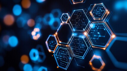 Abstract digital network. Hexagon data flow. Technology background