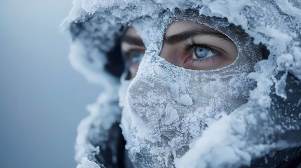 A woman with frosty eyes and a scarf wrapped around her face