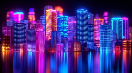 Wall Mural - Neon cityscape reflection, night, urban, futuristic, background, website