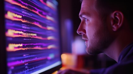 Man analyzing data on computer screen at night