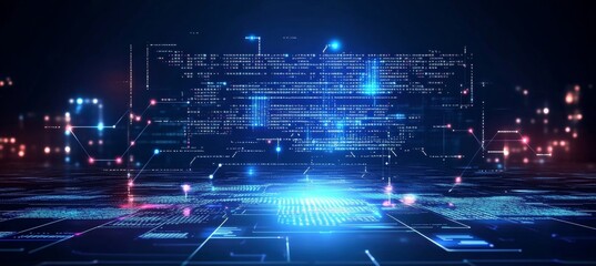 abstract technology background, neon colored computer code, geometric shapes, vibrant colors