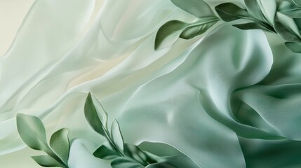 Leinwandbilder - Soft green fabric draping elegantly with leaves intertwined, creating a serene backdrop for design inspiration. Generative AI