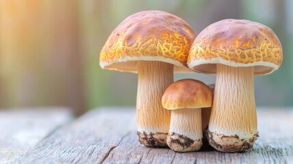 Wall Mural - Three mushrooms in varying sizes on a wooden surface, showcasing their unique textures and colors, illuminated by soft natural light.