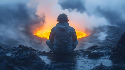 Wall Mural - A man sits on a rock near a volcano