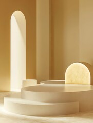 Wall Mural - Minimalist beige product display, sunlight, arches, interior