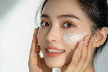 Wall Mural - beautiful beauty asian woman with skincare cream smear applied on her facial skin against pastel bac