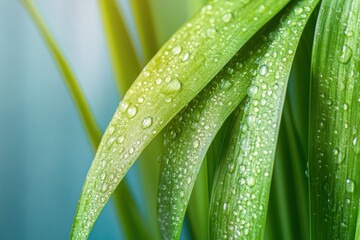 Poster - Close up of fresh green leaves with water droplets in a serene setting filled with soft light. Generative AI