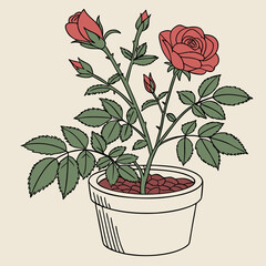 Sticker - Red rose tree plant in pot vector illustration