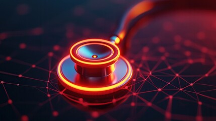Poster - A futuristic stethoscope glows with red accents against a digital network background, symbolizing advancements in medical technology and health monitoring.