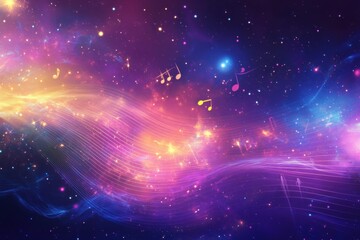 Poster - Musical cosmic journey through vibrant nebulae and swirling colors in a starry night sky. Generative AI