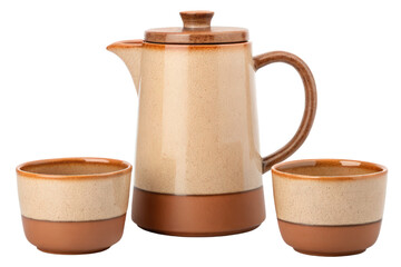 Ceramic teapot and two bowls isolated with transparent background