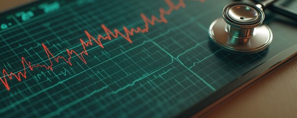 Fototapete - A stethoscope rests on a heart rate monitor displaying an electrocardiogram with fluctuating lines, indicating heart activity.