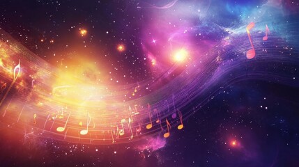 Poster - Cosmic symphony of colorful notes flowing through the universe at night. Generative AI