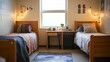 © maxximmm - Bedroom with desk and bunk beds. A simple and bright striped shirt with a t-shirt. Dormitory room for students. A sleeping area that includes a desk and bunk lifestyle beds.