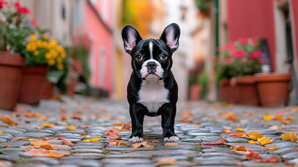 Wall Mural - Black and white French Bulldog standing on a surface.