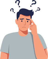confused young man with question marks indicating uncertainty and pondering thought