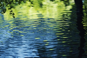 Poster - Gentle ripples form on the surface of a tranquil pond surrounded by green foliage in midday light. Generative AI
