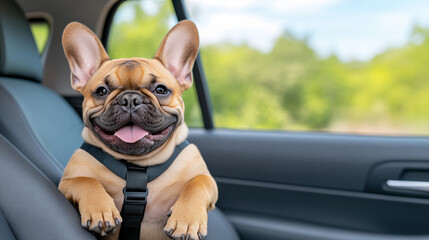 Wall Mural - A French Bulldog enjoying a car ride, high-fidelity image, stock photo.