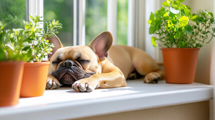 Wall Mural - A French Bulldog peacefully sleeping on a sunny windowsill in high fidelity.