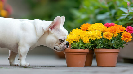 Wall Mural - A French Bulldog sniffing a bouquet of fresh flowers in high fidelity.