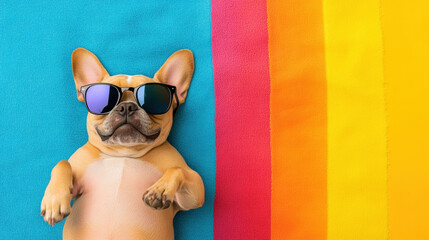 Wall Mural - A French Bulldog in sunglasses relaxing, high fidelity image.