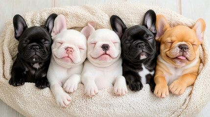 Wall Mural - A group of adorable French Bulldog puppies cuddling together.