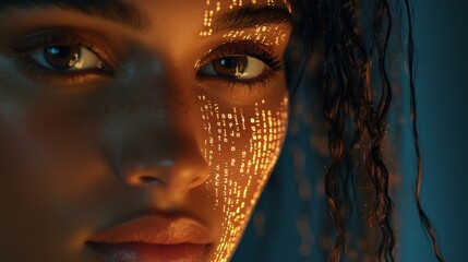 A woman's eye is shown in close-up, overlaid with futuristic digital data, highlighting the fusion of technology and humanity in a stock image of cybernetic vision