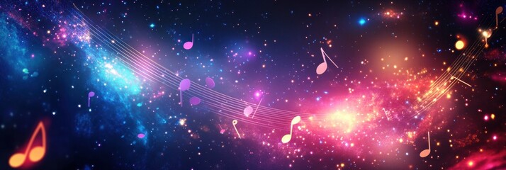 Aufkleber - Colorful musical notes floating through a vibrant cosmic background during a dreamy night. Generative AI