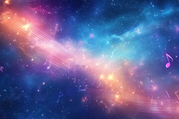 Fototapete - Colorful cosmic music notes illuminate the starry space with vibrant energy during a mystical event. Generative AI
