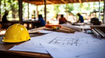 Construction site with a yellow hard hat on blueprints, workers in the background collaborating on a building project