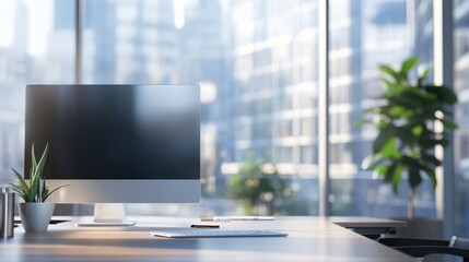 Wall Mural - abstract office with computer blur background.