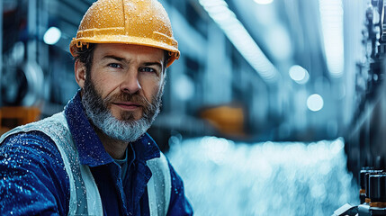 Poster - A worker operating heavy machinery at a hydroelectric plant, with water flowing rapidly to power the turbines.