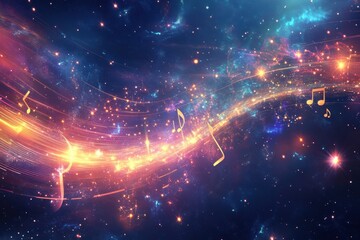 Fototapete - Colorful musical notes flowing through a vibrant cosmic background filled with swirling stars and light. Generative AI