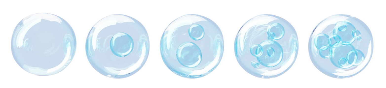3d set of blue collagen serum drops with water molecule cell structure render. Cosmetic skin care vitamin balls, hyaluronic acid bubbles or liquid transparent spheres moisture essence. 3D illustration