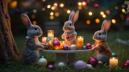 Canvas Print - Three rabbits gather around a festive table with candles and ornaments in a cozy outdoor setting.