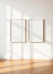 Two vertical white blank wooden framed wall art mockups hanging on the clean wall in a modern room interior with parquet floor sunshine casting shadows for poster template or empty canvas wall art moc