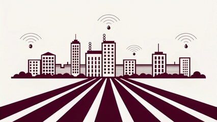 Poster - A stylized city skyline with radio signals, symbolizing connectivity and technology against a backdrop of agricultural fields.