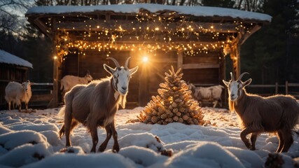 Canvas Print - A serene winter scene with goats and a decorated pine tree in a snowy landscape.