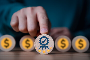 Fototapete - Businessman pushing the best quality assurance with golden five stars in front of dollar sign for guarantee product and ISO service before business cost concept.
