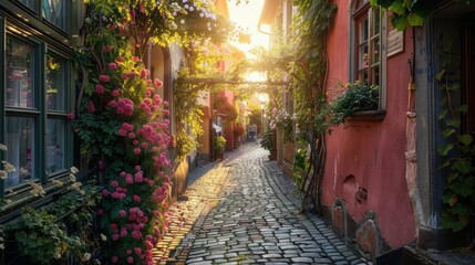  Charming sunlit cobblestone alley lined with colorful flowers, rustic shutters, and warm golden light creating a serene and picturesque atmosphere.