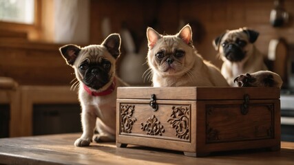 Wall Mural - Three adorable pugs near a wooden box in a cozy kitchen setting.