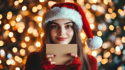 Wall Mural - woman wearing santa hat holding merry christmas card vintage film photo holiday greeting photograph 