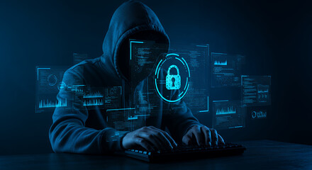 Cyber Attack: Hacker in Hoodie Breaching Security with Code & Data. Defend Your Network!