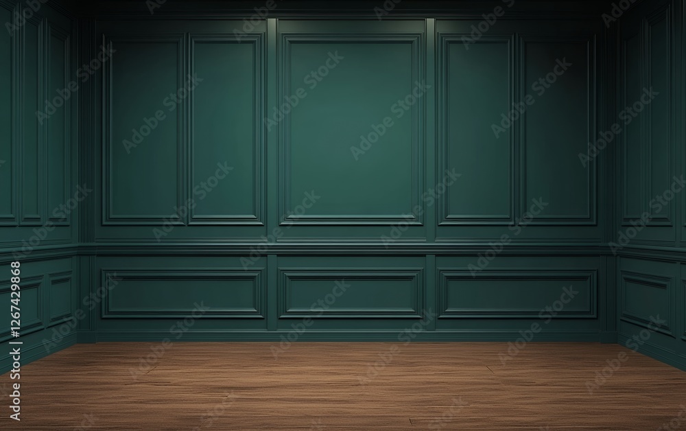 Foto Luxury classic dark green panel wall with wooden floor in elegant