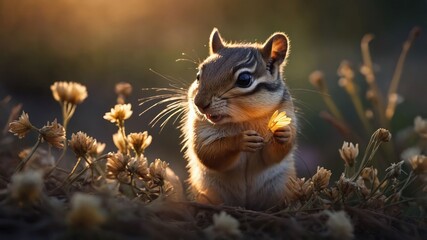 Wall Mural - A chipmunk holding a flower amidst soft, glowing flowers in a serene natural setting.