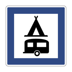 Road sign trailer camping. Indicates a place intended for parking trailers. Parking motorhomes.